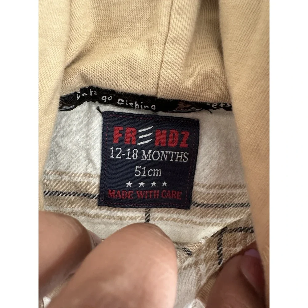 FRIENDZ Beige White Plaid Hoodie & Pants Set 12-18M 2pc Cotton Bear